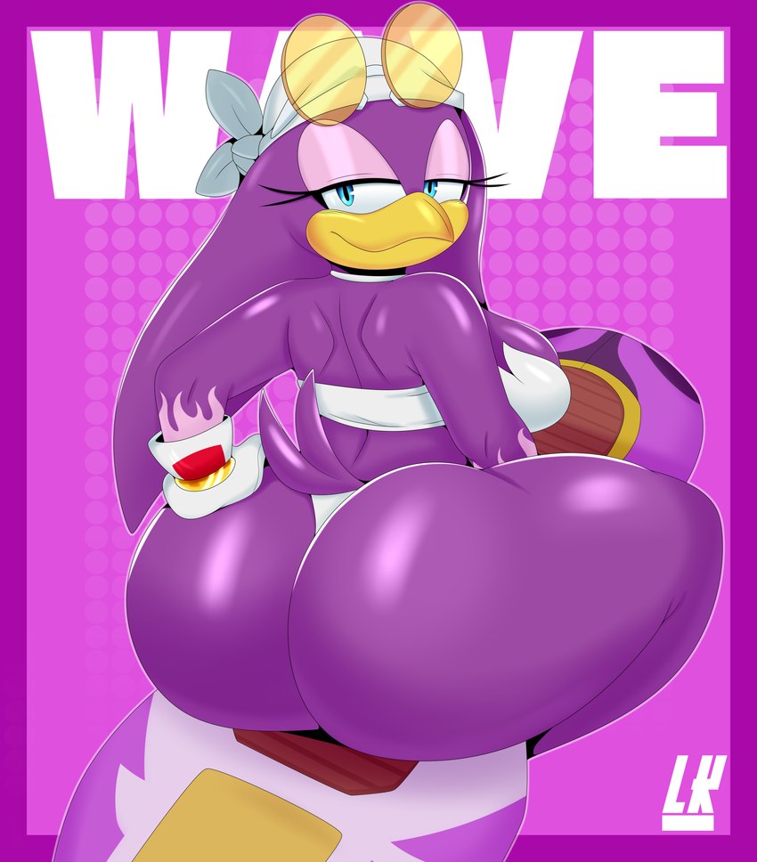 anthro beak big_breasts big_butt blue_eyes breasts butt clothed clothing curvy_figure extreme_gear eyewear female glasses gloves hand_on_butt handwear kerchief looking_at_viewer looking_back simple_background sitting smile solo sunglasses text thick_thighs lobokosmico sega sonic_riders sonic_the_hedgehog_(series) wave_the_swallow avian bird hirundinid oscine passerine swallow_(bird) 2022 absurd_res digital_media_(artwork) hi_res