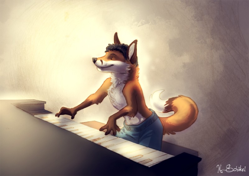 anthro biped clothed clothing eyes_closed keyboard_instrument male musical_instrument piano playing_music playing_piano sitting solo tail topless pechschwinge canid canine fox mammal