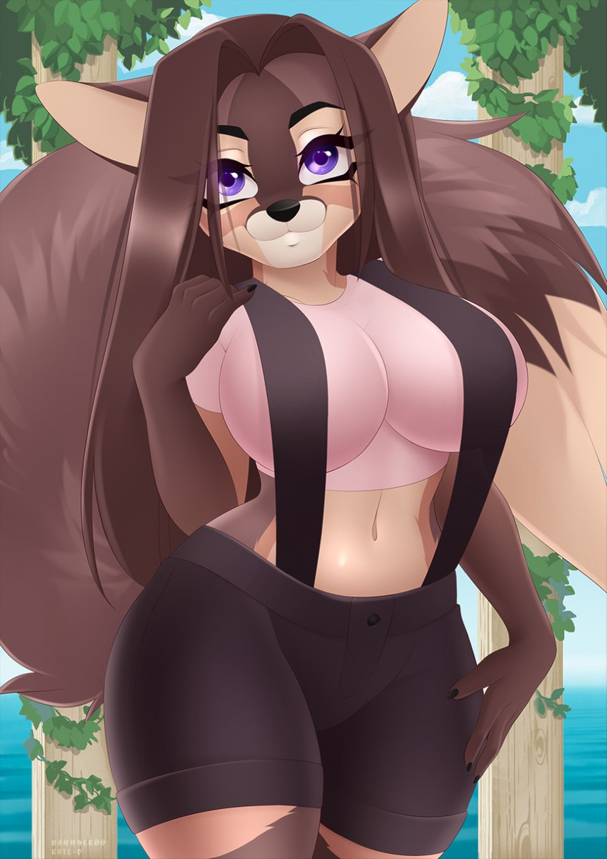 anthro black_nose blue_eyes breasts brown_body brown_fur brown_hair female fur hair looking_at_viewer outside smile solo water dannyckoo kinuli chessie_(shycyborg) canid canine fox mammal 2020 hi_res