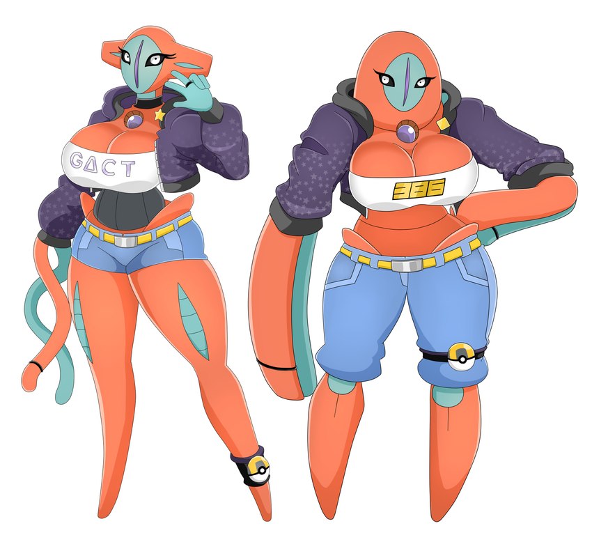 anthro big_breasts bottomwear breasts clothing collar duo female jacket legwear pants pokeball red_body ring shirt shorts simple_background star topwear white_background white_eyes urusee584 nintendo pokemon defense_forme_deoxys deoxys generation_3_pokemon legendary_pokemon normal_forme_deoxys pokemon_(species) absurd_res hi_res