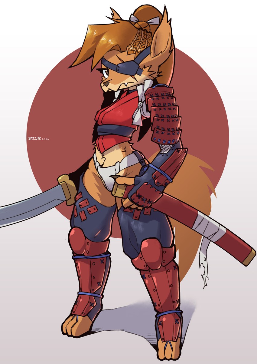 anthro armor brown_body brown_fur brown_hair camel_toe eye_patch eyewear female fur hair holding_melee_weapon holding_object holding_sword holding_weapon japanese_armor japanese_flag looking_at_viewer melee_weapon solo standing sword unconvincing_armor weapon sat_v12 canid mammal 2023 hi_res