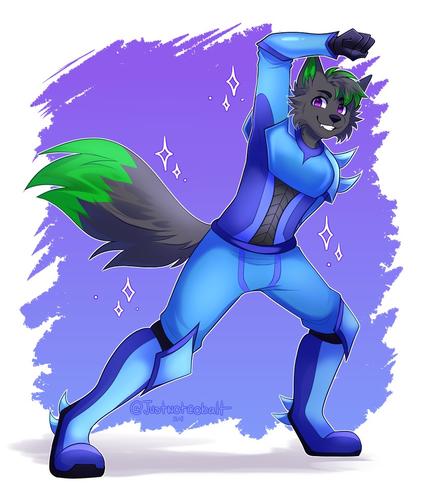 anthro arm_bent armor black_nose blue_armor dancing dipstick_tail fur green_accents green_body green_ears green_fur green_hair green_hairtips green_tuft grey_body grey_fur hair hand_behind_back happy head_tuft male markings purple_eyes raised_arm smile smiling_at_viewer snout solo spikes tail tail_markings tuft justnotcobalt deadpool_&_wolverine_(2024) nsync fiz_(instafiz) canid canine canis mammal wolf absurd_res full-length_portrait hi_res portrait shaded