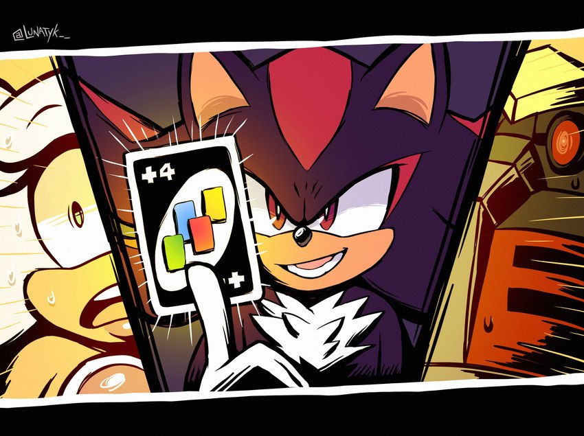 anthro bodily_fluids card clothing comic_panel female group machine male open_mouth open_smile playing_card shocked smile sweat teeth text trio tuft uno_card wide_eyed lunatyk sega sonic_the_hedgehog_(series) uno e-123_omega rouge_the_bat shadow_the_hedgehog bat eulipotyphlan hedgehog mammal robot hi_res signature