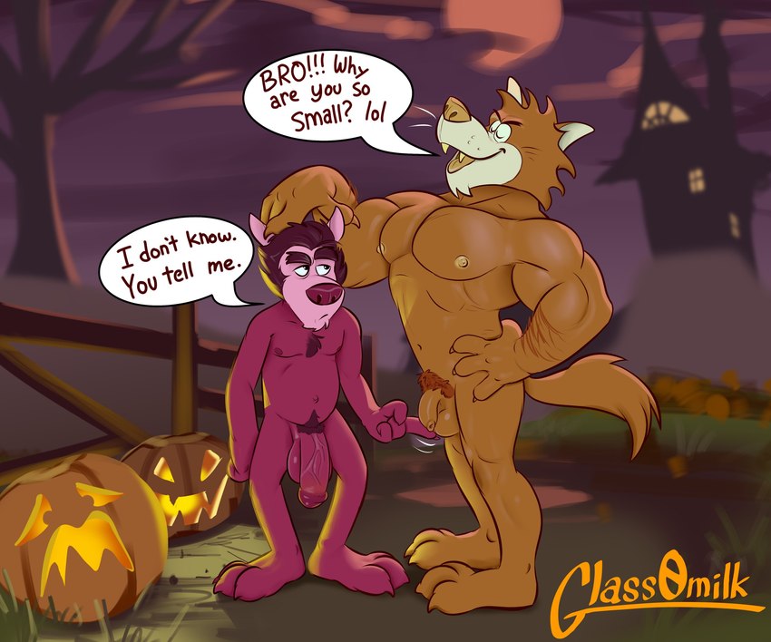 anthro anthro_on_anthro areola balls biceps big_balls big_penis biped dialogue duo eyebrows flaccid food foreskin fruit fur genitals grass hair holidays humanoid_genitalia humanoid_penis jack-o'-lantern male male/male mascot muscular muscular_anthro muscular_male navel night nipples nude open_mouth open_smile outside pecs penis penis_size_difference pink_body pink_fur plant pubes pumpkin size_difference sky small_penis smile speech_bubble standing talking_to_another teeth text tongue tree unretracted_foreskin vein veiny_penis yellow_body yellow_fur glass0milk general_mills halloween monster_cereals frute_brute canid canine canis mammal wolf 2022 6:5 absurd_res digital_media_(artwork) english_text hi_res