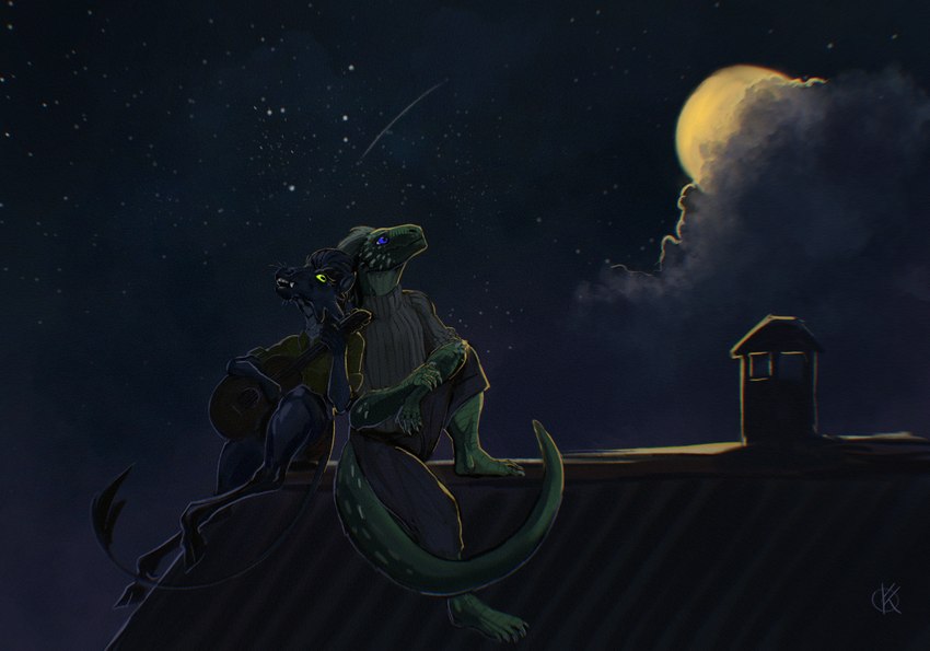 anthro atmospheric back_to_back blue_eyes clothing cloud female green_eyes guitar hooves male moon musical_instrument night playing_music plucked_string_instrument rooftop singing star string_instrument sweater tail topwear ponynok ponya_(ponynok) equid equine lizard mammal reptile scalie skjavr_(ponynok) digital_media_(artwork) digital_painting_(artwork) hi_res