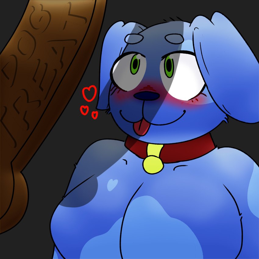 anthro big_breasts blue_body blue_fur breasts collar dog_food dog_treat female fluffy fur overweight pet_food solo tongue tongue_out thighhighpaws bluedogress canid canine canis domestic_dog mammal 1:1 hi_res