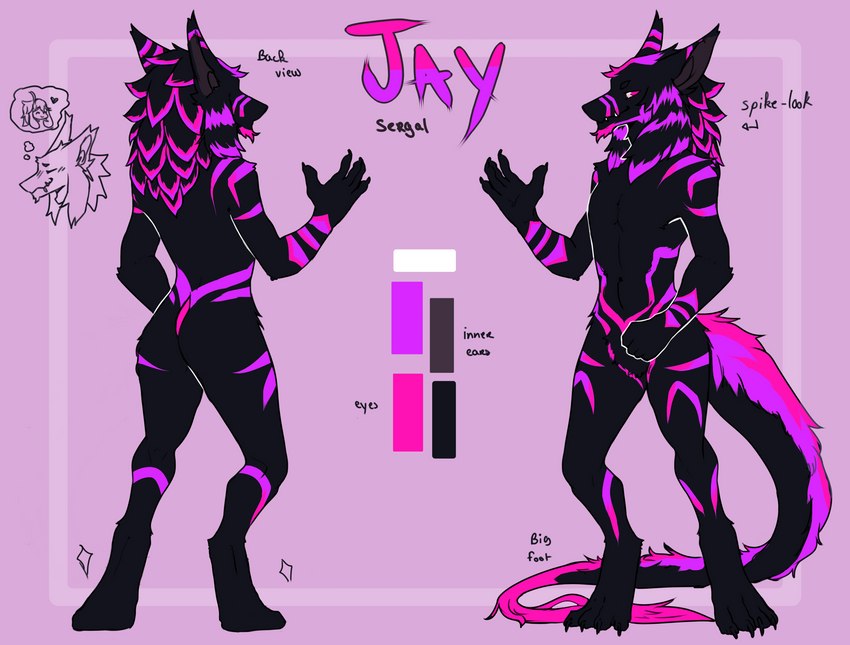 anthro color_swatch front_view fur fur_markings male markings multicolored_body patterns rear_view solo stripes tail text three-quarter_view mewmaru neondragonjay sergal character_name english_text full-length_portrait hi_res model_sheet portrait