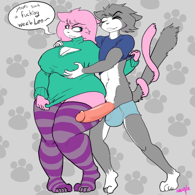 anthro big_breasts blinking blue_eyes breast_grab breasts clothing countershading dialogue duo entwined_tails erection female fur genitals green_eyes grey_body grey_fur grey_hair hair hand_on_breast huge_breasts humanoid_genitalia humanoid_penis legwear male penis pink_body pink_fur pink_hair shirt slightly_chubby smile stockings sweater tail tail_coil text topwear underwear iamzavok vg_cats aeris_(vg_cats) leo_(vg_cats) domestic_cat felid feline felis mammal 1:1 2015 english_text hi_res