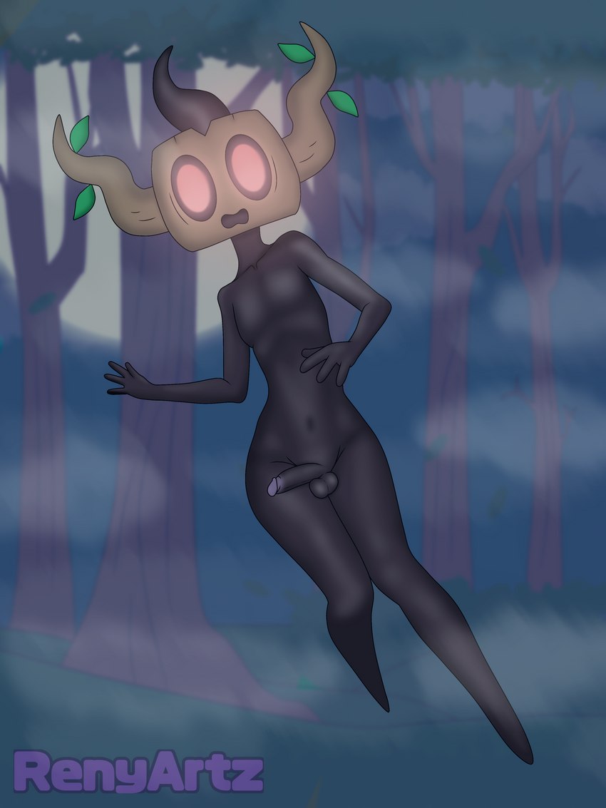 anthro balls black_body femboy fog forest genitals levitation male navel night penis plant scared small_penis solo tree renyartz nintendo pokemon generation_6_pokemon ghost humanoid phantump pokemon_(species) spirit 3:4 absurd_res hi_res