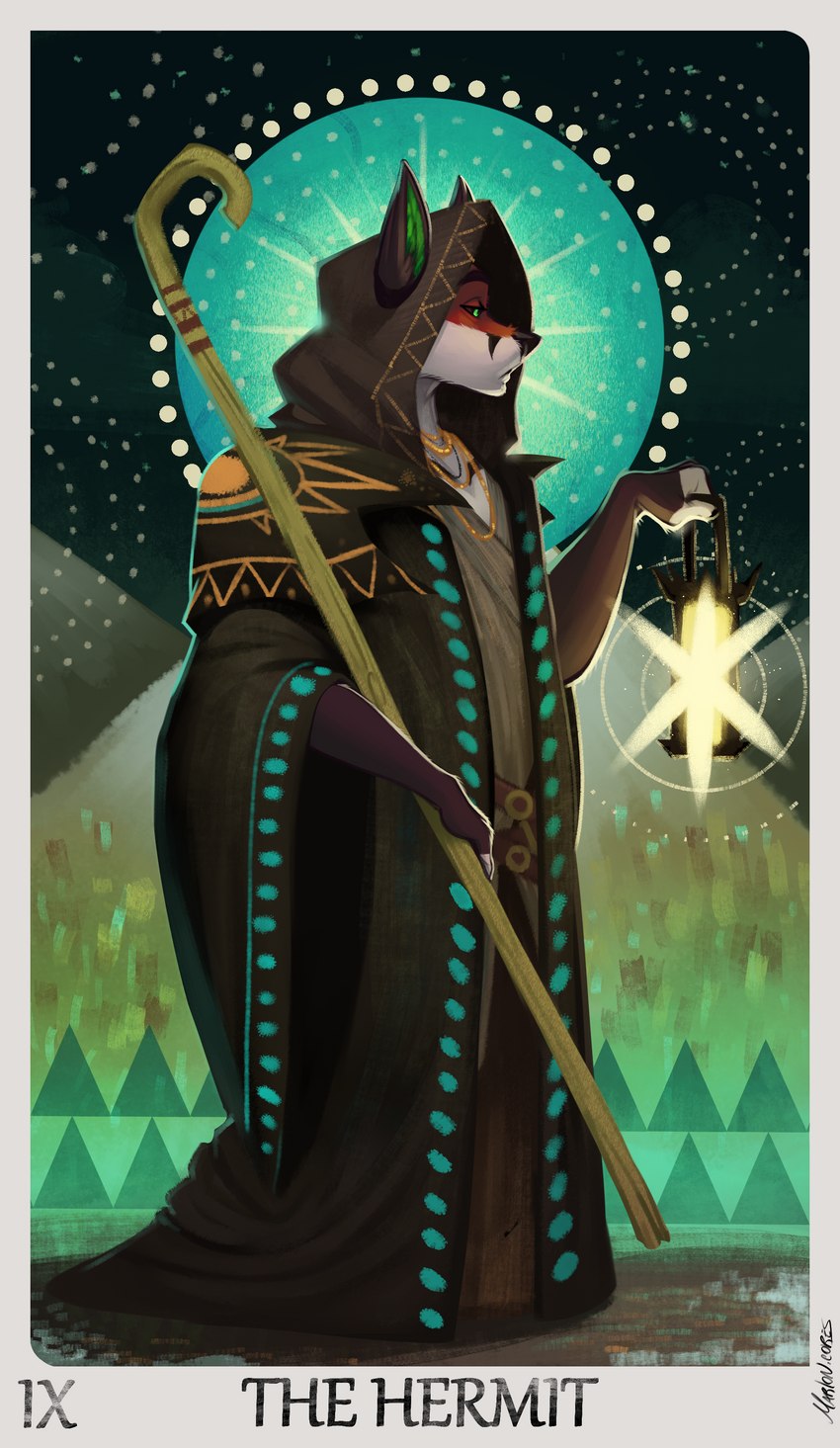 abstract_background anthro black_cloak black_clothing black_ears black_nose black_sclera border card card_template cloak clothing fortune_telling fur gloves_(marking) green_eyes green_inner_ear holding_lantern holding_object holding_staff major_arcana male markings melancholic red_body red_fur roman_numeral side_view solo staff tarot tarot_card text the_hermit_(tarot) white_border marlon.cores victor_johansen canid canine fox mammal 2020 absurd_res english_text hi_res signature