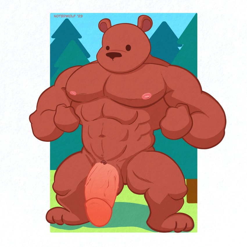 abs anthro bent_legs big_penis flexing flexing_bicep flexing_both_biceps flexing_muscles forest forest_background genitals hands_clenched huge_penis hyper hyper_genitalia hyper_penis male muscular muscular_male nature nature_background nipples owo penis plant pose pubes simple_background simple_coloring simple_face solo spread_legs spreading textured tree uwu vein veiny_penis notedwolf bear mammal ursine 1:1 2023 digital_drawing_(artwork) digital_media_(artwork) hi_res pinup shaded simple_shading