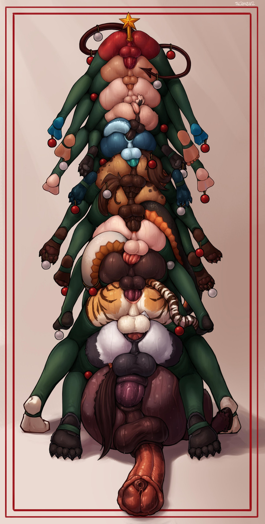anal anal_knotting anal_penetration animal_genitalia animal_penis anthro balls big_balls big_penis biped black_body black_fur black_tail bodily_fluids brown_body brown_fur brown_penis brown_stripes brown_tail butt butt_stack buttplug buttplug_in_ass buttplug_insertion christmas_clothing christmas_tree_topper clothing countershade_butt countershade_crotch countershade_feet countershade_fur countershade_legs countershade_scales countershade_tail countershading digitigrade equine_genitalia equine_penis erection feet feet_in_air foreshortening fur genital_fluids genitals glans green_clothing green_legwear green_thigh_highs group group_sex holidays hooves huge_penis humanoid_feet humanoid_genitalia humanoid_penis knot knotted_penis knotting legwear light light_body light_skin lizard_tail male male/male male_anthro male_human male_humanoid markings medial_ring mostly_nude object_in_ass orange_body orange_fur ornament pawpads penetration penile penile_penetration penis penis_in_ass plantigrade plug_(sex_toy) plug_insertion precum red_penis scales sex sex_toy sex_toy_in_ass sex_toy_insertion shadow shaft_divide simple_background spade_tail striped_markings striped_tail stripes sweat sweaty_balls sweaty_butt sweaty_feet sweaty_genitalia sweaty_penis sweaty_toes tail tail_markings tan_body tan_fur tan_penis teal_penis thigh_highs toes train_position unguligrade white_background white_body white_fur white_tail seraziel christmas alma_(seraziel) bryn_(seraziel) chino_(seraziel) chloe_(seraziel) chu_(seraziel) clyde_(seraziel) gira_(seraziel) klara_(seraziel) sarina_(seraziel) sera_(seraziel) zel_(seraziel) animal_humanoid demon equid equine felid horse human humanoid hyena lizard_humanoid mammal pantherine reptile reptile_humanoid scalie scalie_humanoid spotted_hyena tiger 2025 absurd_res hi_res lighting shaded signature