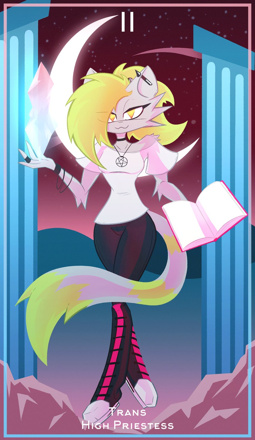 anthro biped book breasts card card_template clothed clothing female floating footwear fortune_telling fur green_eyes green_hair grey_body grey_fur hair half-closed_eyes jewelry looking_at_viewer major_arcana moon narrowed_eyes necklace night off-shoulder_top outside pentagram_necklace roman_numeral shoes sky smile solo tarot tarot_card text the_high_priestess_(tarot) arizone domestic_cat felid feline felis mammal absurd_res digital_media_(artwork) hi_res