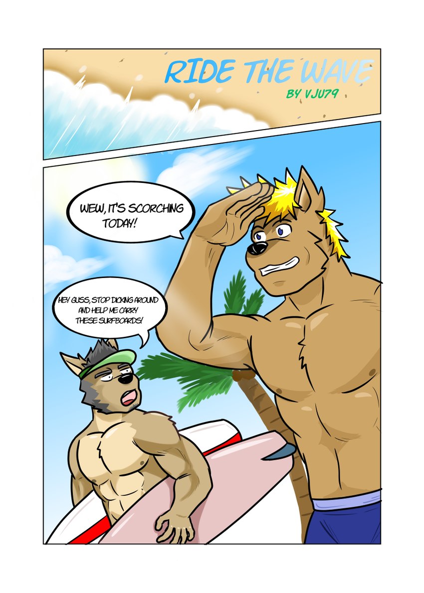 2_panel_comic abs anthro athletic athletic_anthro athletic_male beach black_hair blonde_hair blue_bottomwear blue_clothing blue_eyes blue_shorts bottomwear brown_body brown_fur clothed clothing cloud coconut day dialogue drupe_(fruit) duo food fruit fur hair hand_on_forehead hat headgear headwear holding_object male muscular muscular_anthro muscular_male nipples outside palm_tree plant profanity sand seaside shading_eyes shorts sky smile smirk sun surfboard text topless topless_anthro topless_male tree visor_cap vju79 guss_(vju79) roj_(vju79) canid canine canis domestic_dog mammal wolf comic english_text hi_res