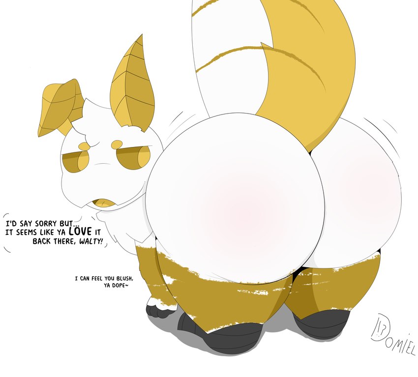 after_vore all_fours antennae_(anatomy) anthro arthropod_abdomen ass_up big_butt blush body_blush butt butt_blush dialogue digestion femboy fur gold_tongue head_tuft male markings neck_tuft post_vore_weight_gain sentient_fat smug smug_face smug_grin solo talking_to_prey text thick_thighs tuft vore white_body white_fur wide_hips wobbling yellow_eyes domiel domiel_(character) arthropod insect lepidopteran moth absurd_res english_text hi_res