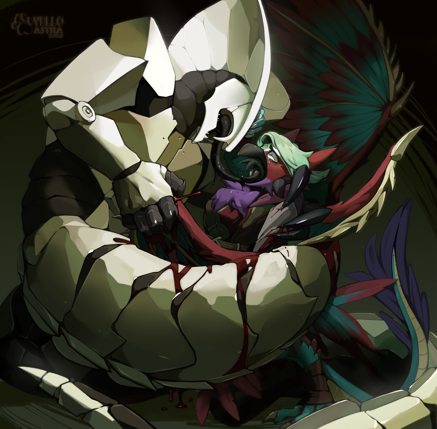 ambiguous_gender anthro blood blue_body blue_feathers bodily_fluids bone_breaking broken_bone broken_wing claws clothed clothing coiling crying duo feathers grabbing_wings green_body green_feathers machine male purple_body purple_feathers red_body red_feathers screaming tail tearing_clothing tears tongue torn_clothing wings yelloastra mythology agerant cyrus_roller avian bird dragon hybrid mythological_creature mythological_scalie reptile robot scalie snake absurd_res hi_res