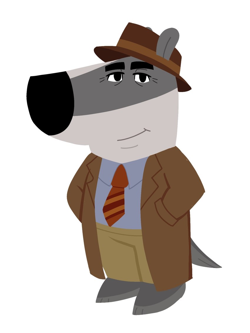 biped black_nose bottomwear clothing grey_body hat headgear headwear necktie pants shirt simple_background smile solo topwear white_background bandana_109 beastly_crimes beastly_crimes_(2024) my_new_character chief_badger badger mammal mustelid musteline 2024 3:4 hi_res meme