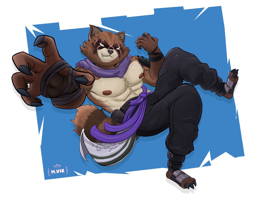 anthro bandage belt bottomwear brown_body brown_fur claws clothing fur male muscular ninja nipples pants pawpads perspective pose scar scarf shirtless simple_background smile smiling_at_viewer smirk smirking_at_viewer solo tail teeth warrior mvikt epic_games fortnite hajime_(fortnite) canid canine mammal raccoon_dog tanuki 2025 digital_media_(artwork) hi_res