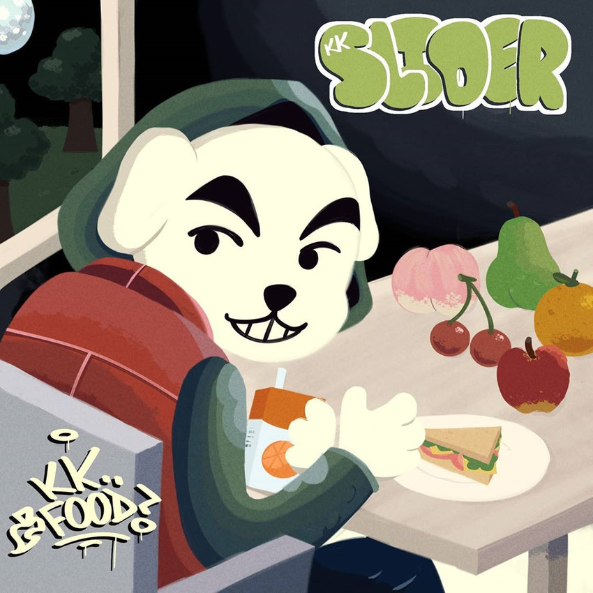 anthro apple cherry clothed clothing food fruit hoodie juice_box looking_aside looking_back male moon night orange_(fruit) peach_(fruit) pear plant sandwich_(food) sitting smile solo topwear snibsnobs animal_crossing k.k._slider_album_redraw mf_doom mm..food nintendo k.k._slider canid canine canis domestic_dog mammal 1:1 2020 album_cover cover meme