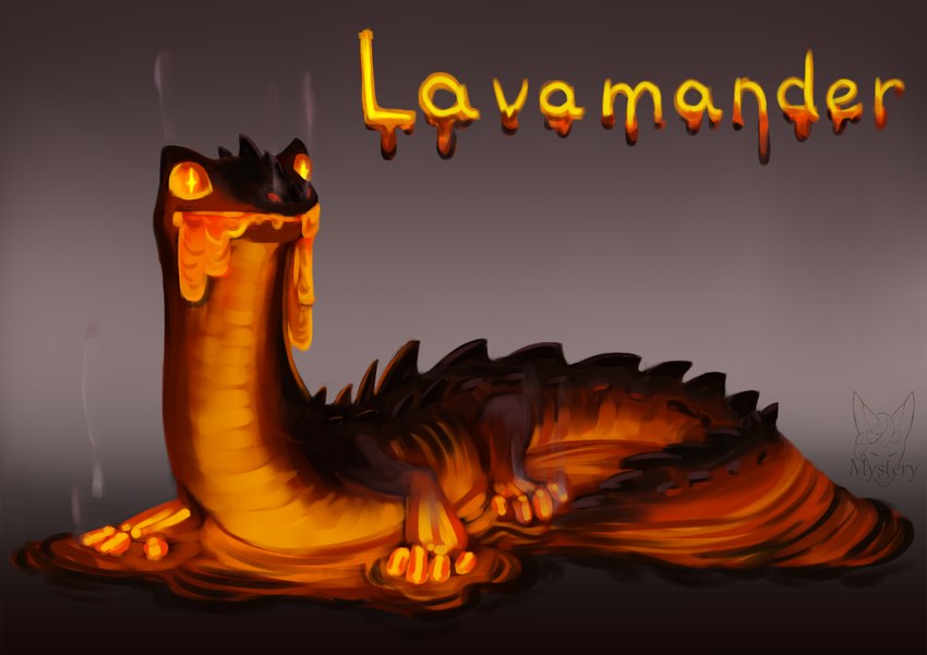 ambiguous_gender feral glowing glowing_body lava solo mystery_(artist) mythology amphibian mythological_creature salamander colored_sketch sketch watermark