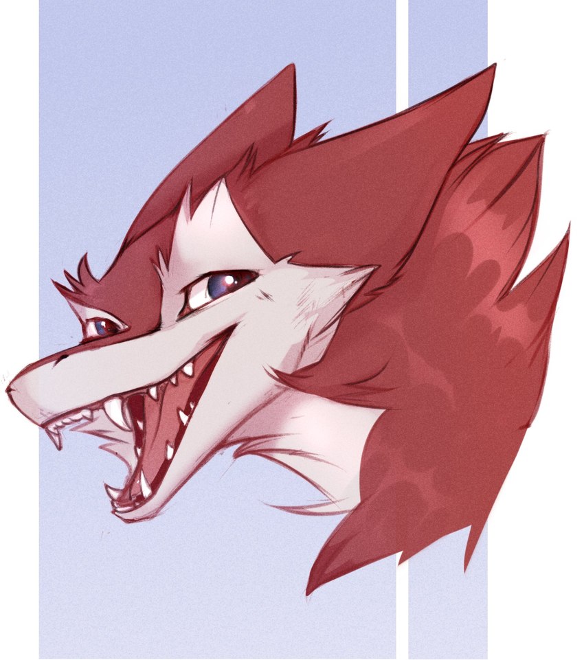 blue_eyes fangs fur open_mouth open_smile red_body red_fur sharp_teeth smile solo teeth white_body white_fur yshanii cassius_(oldmancassius) sergal 2022 digital_media_(artwork) hi_res