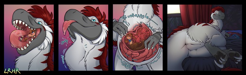 abdominal_bulge after_vore animal_genitalia anthro anthro_prey anus bed bed_sheet bedding belly big_belly big_butt big_tail biped blanket blush blush_lines bodily_fluids bodily_noises bottomless butt cheek_tuft chest_tuft claws clothed clothing curtains curtains_open cutaway death detailed_background different_sound_effects digestion digestion_noises dripping duo eating esophagus eyebrows facial_tuft fangs fatal_vore feathers feet feral fingers forced fully_inside fur furniture genital_slit genitals guts hair head_back imminent_death inner_ear_fluff inside inside_stomach internal interspecies intestines jacket kerchief looking_at_viewer lying male male/male male_prey mane mouth_shot neck_bulge neckerchief neckwear nude on_bed onomatopoeia open_mouth oral_vore organs partially_clothed partially_inside pawpads paws plantigrade quadruped rumbling_stomach saliva saliva_drip scales sharp_teeth sickle_claw simple_background size_difference soft_vore sound_effect_variant sound_effects stomach stomach_acid stretched_stomach struggling struggling_prey swallowing tail teeth text thick_tail thick_thighs toe_claws toes tongue tongue_out topwear tuft unwilling_prey vore weight_gain window x-ray_view lrhr angel_(bloodshotgemini) bloodshotgemini_(character) seanottery_(character) dinosaur dromaeosaurid feathered_dinosaur feathered_scalie mammal mustelid otter prehistoric_species reptile scalie theropod utahraptor 2023 absurd_res colored comic digital_media_(artwork) hi_res nonbinary_(lore)