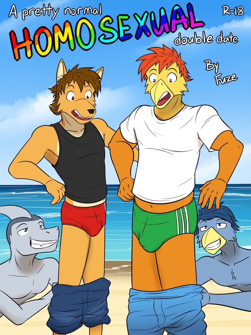 anthro assisted_exposure beach bottomwear bottomwear_down bulge clothed clothing group lgbt_pride male male/male midriff navel pantsing partially_clothed pride_color_text pride_colors rainbow_pride_colors rainbow_text seaside shirt shorts shorts_down speedo swimwear t-shirt tank_top text topless topwear fuze texnatsu ian_dela_cruz johnny_(texnatsu) josh_oliver mond_reyes avian bird bluebird canid canine canis chicken coyote fish galliform gallus_(genus) mammal marine oscine passerine phasianid shark thrush_(bird) 3:4 cover cover_art cover_page english_text hi_res