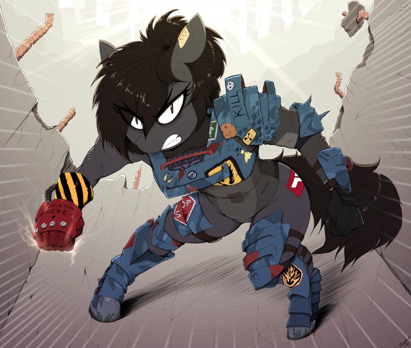 angry anthro armor brown_eyes brown_hair fangs female hair looking_at_viewer power_fist ruins solo teeth replica_(artist) fallout fallout_equestria friendship_is_magic hasbro microsoft my_little_pony fan_character raider_(fallout) replica_(oc) earth_pony equid equine horse mammal pony 2017 hi_res