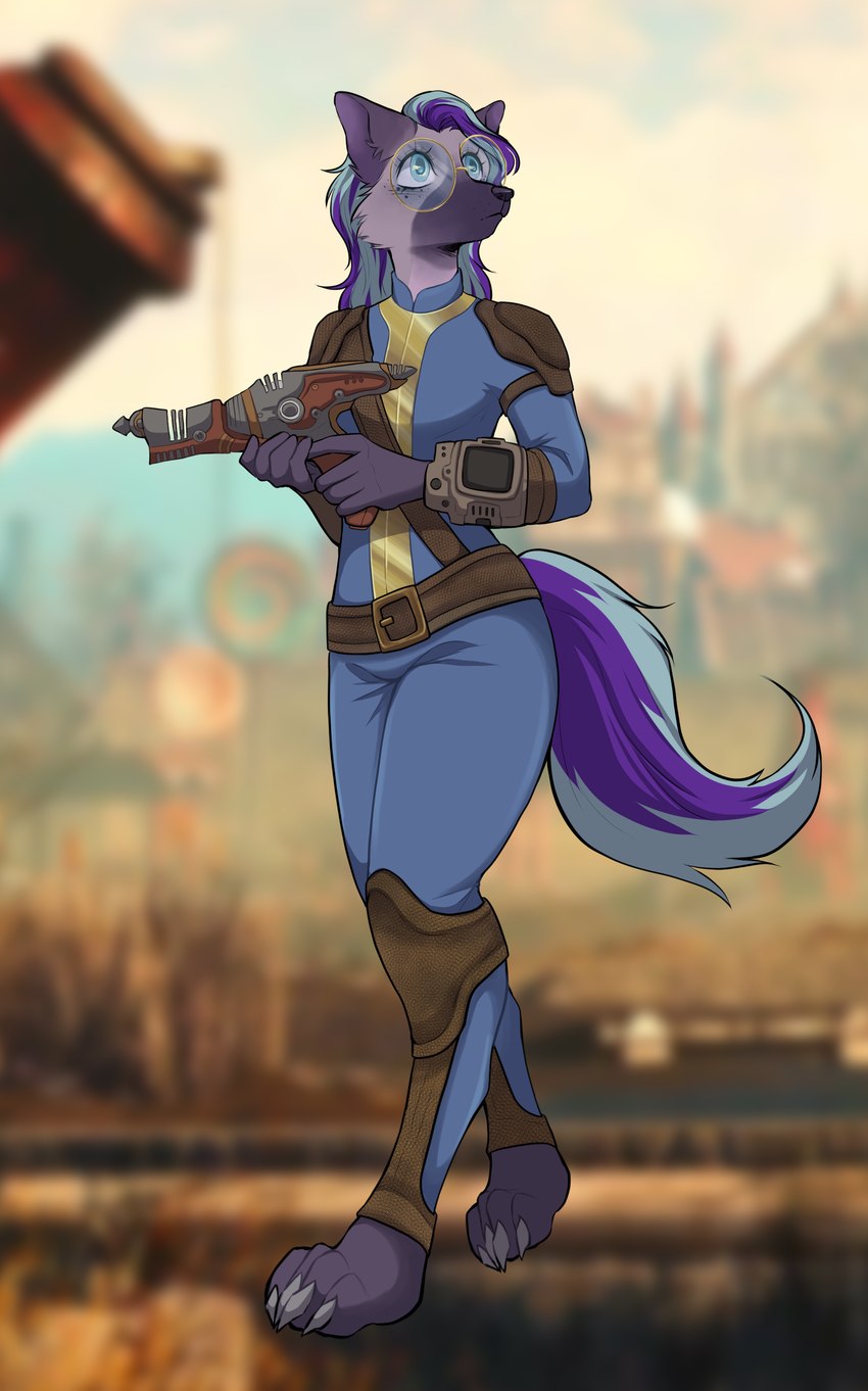 anthro blue_eyes blue_hair eyewear female fur glasses gun hair handgun pink_body pink_fur pip-boy pistol purple_hair ranged_weapon solo vault_suit velu_ibren weapon happypancakes34 fallout microsoft solace_(happypancakes34) hyena mammal absurd_res hi_res