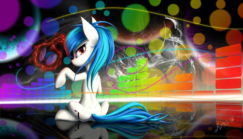 abstract_background cutie_mark eyewear female feral fur glasses hair horn looking_at_viewer magic multicolored_hair red_eyes reflection sitting smile solo two_tone_hair white_body white_fur zigword friendship_is_magic hasbro my_little_pony mythology vinyl_scratch_(mlp) equid equine mammal mythological_creature mythological_equine unicorn 2014 hi_res