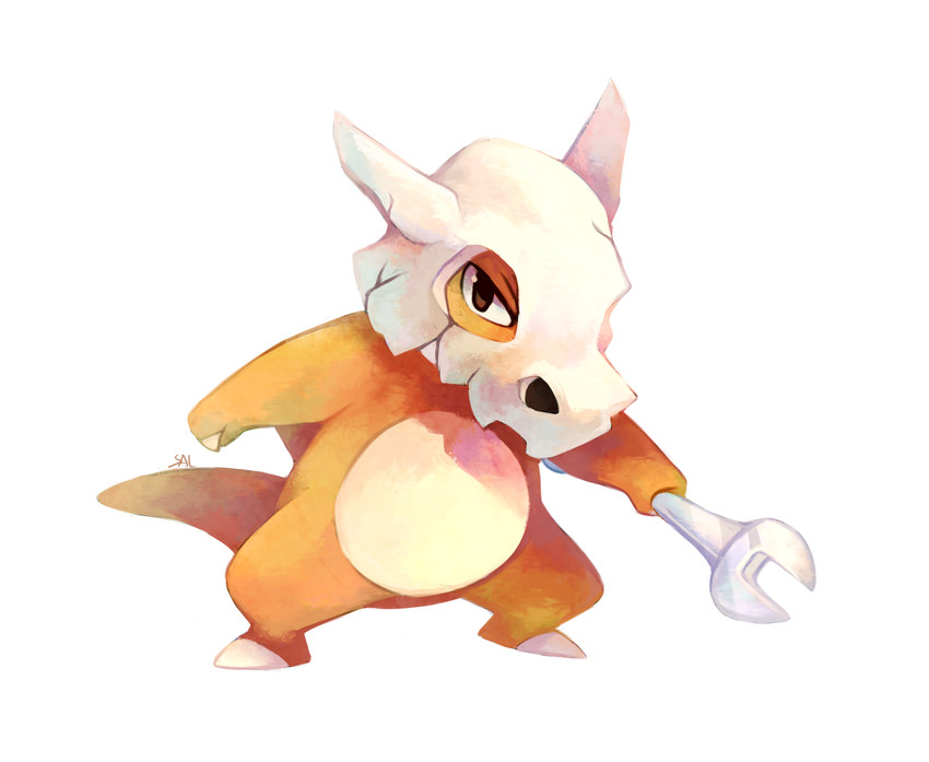 ambiguous_gender holding_object simple_background solo tools wrench salanchu nintendo pokemon cubone generation_1_pokemon pokemon_(species) 2014 digital_media_(artwork) digital_painting_(artwork) hi_res