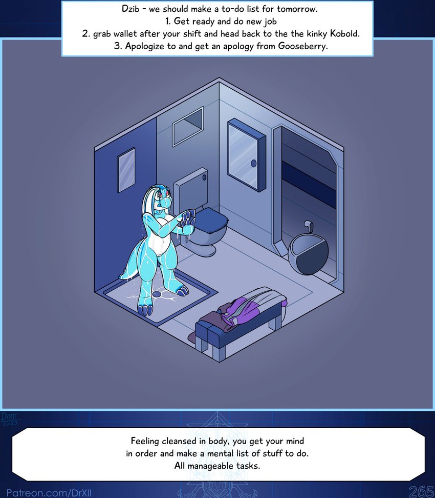 anthro bathroom breasts claws female genitals hair nipples non-mammal_breasts nude pussy shower solo standing tail text text_box water wet drxii kobold_quest blueberry_kobold kobold reptile scalie digital_media_(artwork) english_text hi_res url