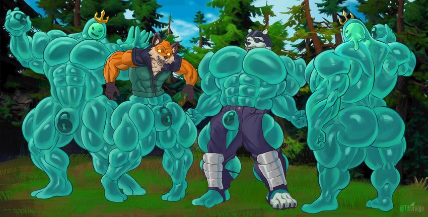 abs ambush anthro attack back_muscles blue_body butt clothing evil_grin forest forest_background front_view goo_transformation green_body grin group growth lock_bulge lock_symbol male male/male mid_transformation muscular muscular_anthro muscular_male muscular_thighs nature nature_background null_bulge pecs plant rear_view scared_face shocked smile surprised_expression thick_thighs throwing_object torn_clothing transformation tree tiburalgo epic_games fortnite fortnite:_battle_royale fennix_(fortnite) polar_patroller poseidon_(fortnite) bear canid canine fox goo_creature goo_humanoid humanoid mammal polar_bear ursine absurd_res hi_res