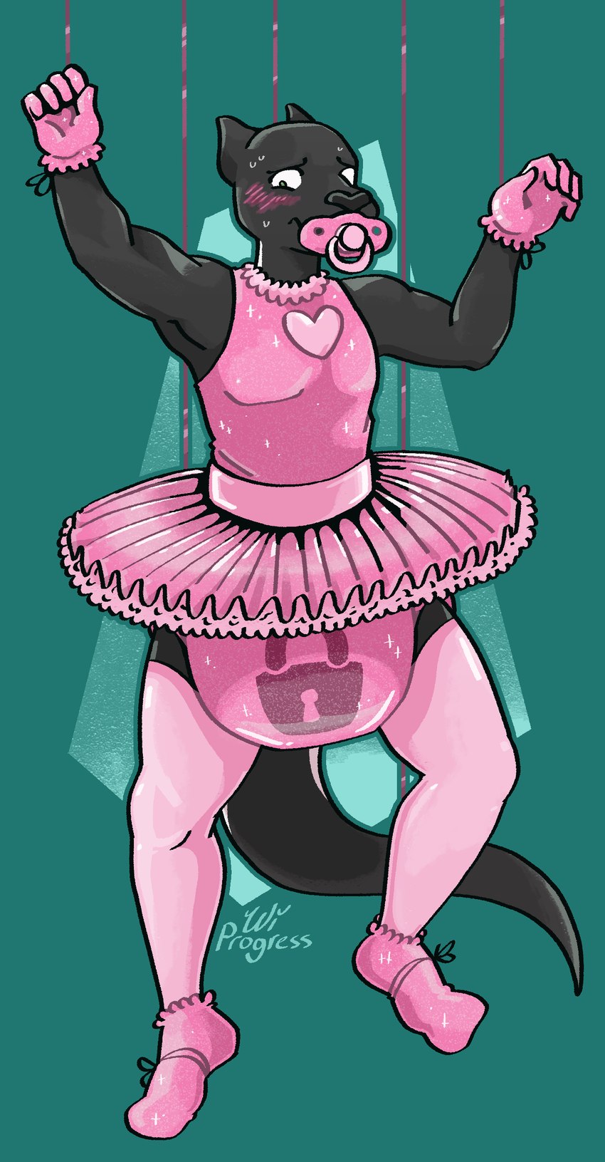 abdl anthro ballerina ballet blush bottomwear clothed clothing crossdressing dancewear diaper embarrassed humiliation implied_chastity lock_symbol male pacifier puppet puppeteer skirt solo tutu wiprogress mammal mustelid otter absurd_res hi_res