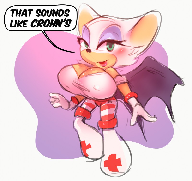 anthro big_breasts breasts cleavage clothed clothing female gloves green_eyes hair handwear huge_breasts looking_at_viewer membrane_(anatomy) membranous_wings nurse nurse_clothing nurse_uniform simple_background solo speech_bubble text uniform white_hair wings rustyclawshot sega sonic_the_hedgehog_(series) rouge_the_bat bat mammal 2018 english_text hi_res