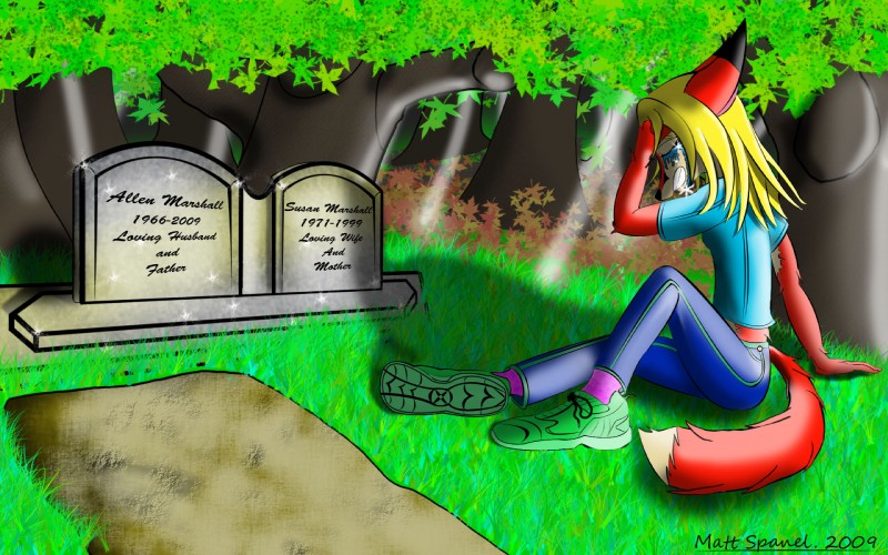 anthro bodily_fluids clothed clothing crying detailed_background female forest fully_clothed grave grief outside plant sad sitting solo tail tears text tree wood xell0ss canid canine fox mammal 16:10 digital_media_(artwork) english_text full-length_portrait hi_res portrait widescreen