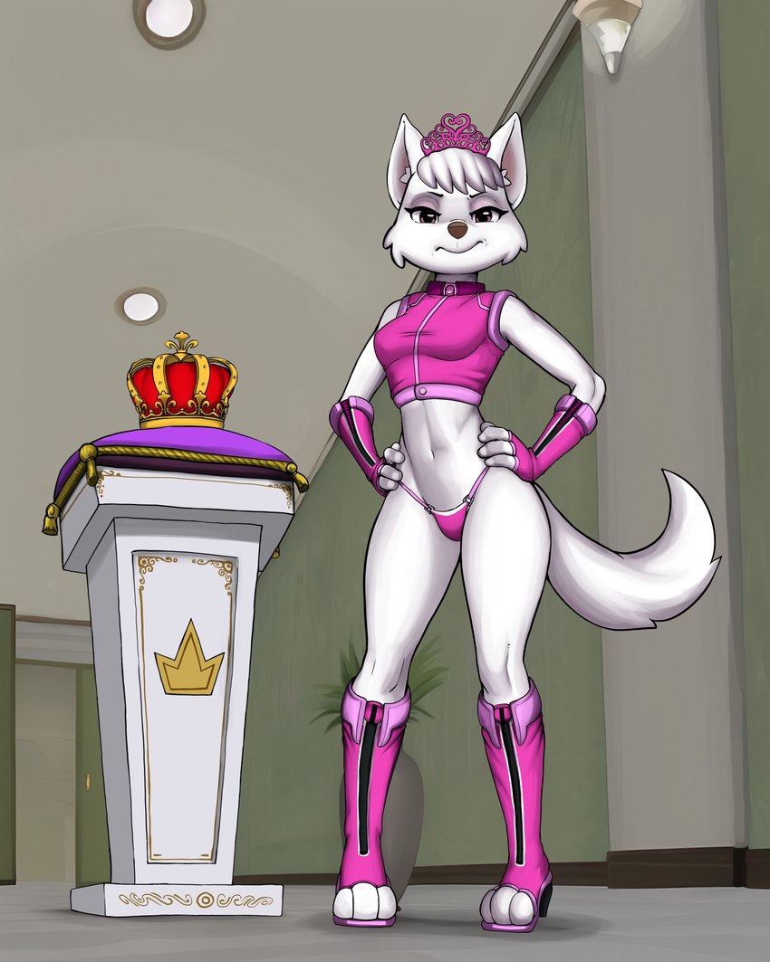 3_fingers 3_toes aged_up anthro anthrofied breasts cleavage clothed clothing collar crown detailed_background feet female fingers form_fitting fur headgear looking_at_viewer pink_clothing pink_eyes solo tiara tight_clothing toes underwear white_body white_fur diacordst paw_patrol sweetie_(paw_patrol) canid canine canis domestic_dog hunting_dog mammal terrier west_highland_white_terrier 2023 4:5 absurd_res hi_res