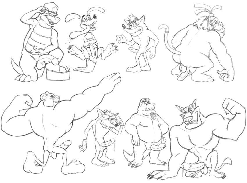 anthro balls bodily_fluids butt cum erection genital_fluids genitals group male male/male muscular muscular_male open_mouth penis restraints simple_background straitjacket teeth_showing tongue tongue_out white_background thegreatmatsutzu activision crash_bandicoot_(series) crash_bandicoot dingodile koala_kong komodo_moe ripper_roo tiny_tiger trash_bandicoot bandicoot canid canine canis crocodile crocodilian dasyuromorph dingo hybrid kangaroo koala komodo_dragon lizard macropod mammal marsupial monitor_lizard recently_extinct_species reptile scalie thylacine vombatiform black_and_white hi_res monochrome