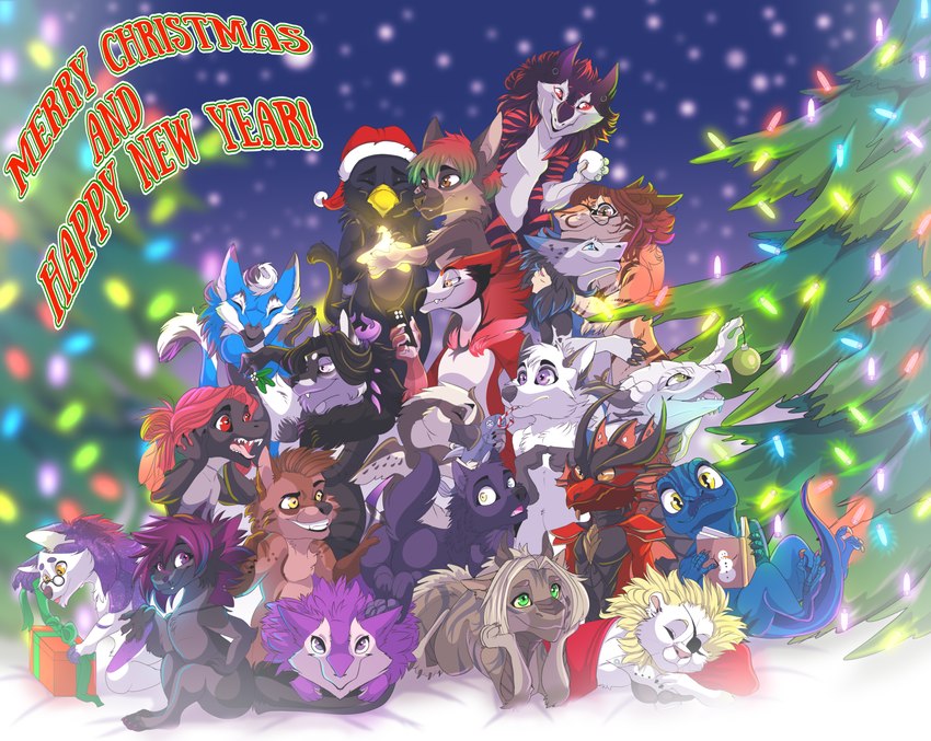 anthro christmas_decorations christmas_lights christmas_tree grin group holidays hug kneeling looking_at_viewer lying on_front outside plant simple_background smile snow snowing standing tail text tree omez seferen christmas mythology ambroko eran_morkon trick_(browncoyote) tyn dragon mythological_creature mythological_scalie scalie sergal 2022 absurd_res detailed digital_media_(artwork) hi_res shaded simple_shading