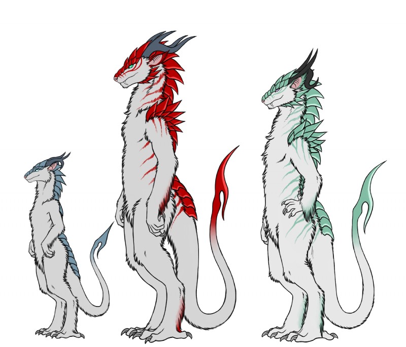 ambiguous_gender anthro blade blue_body blue_eyes blue_scales fangs fur green_body green_eyes green_scales green_stripes grey_body grey_fur group horn nude purple_eyes red_body red_scales red_stripes scales side_view simple_background stripes tail tail_blade teeth weapon_tail white_background conditional_dnp ratte legacy_(ratte) aten_(ratte) sagis ushuaia cyavian 2016 digital_media_(artwork) hi_res model_sheet female_(lore) male_(lore)