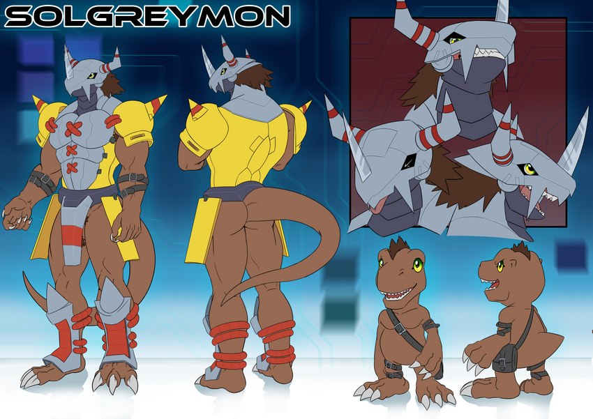 anthro arm_belt armor armpit_hair bag body_hair brown_body concept facial_expression male paws pubes solo tail tongue tongue_out samaraka bandai_namco digimon solgreymon agumon digimon_(species) wargreymon full-length_portrait headshot_portrait hi_res model_sheet portrait