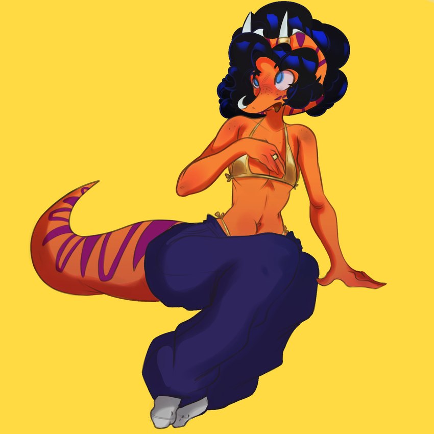 3_horns anthro big_tail bikini black_hair blue_eyes bottomwear breasts clothing denim denim_bottomwear denim_clothing facial_horn female fingers footwear freckles frill_(anatomy) golden_bikini hair horn jeans long_tail multi_horn nose_horn orange_body orange_scales oversized_bottomwear oversized_clothing oversized_pants pants purple_body purple_scales purple_stripes ring_(jewelry) scales side-tie_bikini simple_background sitting socks solo string_bikini striped_body striped_scales stripes swimwear tail tongue tongue_out two-piece_swimsuit under_boob yellow_background el_bigotez cavemanon_studios golden_week snoot_game fan_character mari_(el_bigotez) ceratopsian dinosaur ornithischian prehistoric_species reptile scalie triceratops 1:1 2024 absurd_res digital_drawing_(artwork) digital_media_(artwork) hi_res