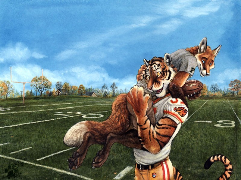 american_football anthro ball clothed clothing cloud cuddling detailed_background duo feet fully_clothed gridiron_ball hindpaw holding_ball holding_object interspecies love male male/male outside paws romantic romantic_couple sky sport tail blotch chevali_firebirds kyell_gold out_of_position devlin_miski wiley_farrel canid canine felid fox mammal pantherine tiger 4:3 hi_res wallpaper