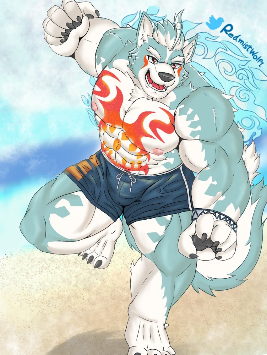 abs anthro beach bottomwear bulge clothing male muscular muscular_anthro muscular_male nipples outside pawpads pecs seaside shorts solo swimwear tattoo redmistwolf1 asian_mythology east_asian_mythology japanese_mythology lifewonders mythology tokyo_afterschool_summoners oguchi_magami_(tas) canid canine canis mammal wolf hi_res