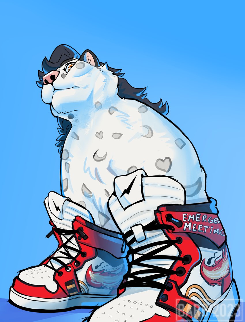 anthro black_ears clothing footwear fur hair humor long_hair looking_down male markings orange_eyes shoelaces shoes simple_background solo spots spotted_body white_body white_fur gothracc_(artist) among_us among_us_drip drip_(meme) innersloth felid feline mammal pantherine snow_leopard hi_res meme