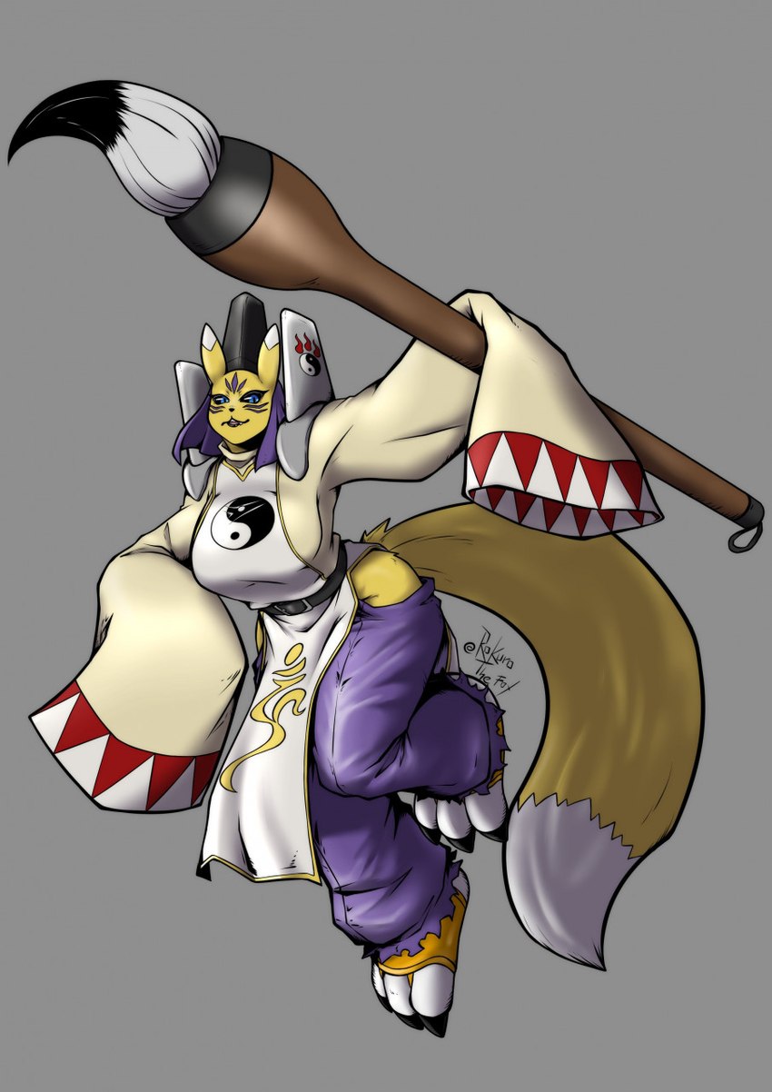 anthro black_sclera bodypaint breasts brush exposed_hips face_paint female fur holding_ink_brush ink_brush long_sleeves solo stirrup_footwear yellow_body yellow_fur rokurothefox bandai_namco digimon canid canine digimon_(species) fox mammal taomon hi_res