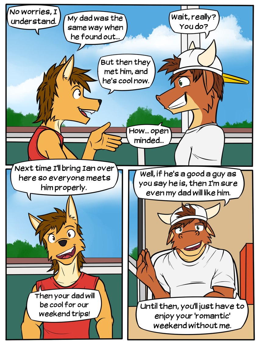 anthro backwards_baseball_cap backwards_hat baseball_cap clothed clothing dialogue duo fully_clothed hat headgear headwear male shirt t-shirt tank_top text topwear fuze texnatsu mond_reyes ty_conrad bovid bovine canid canine canis cattle coyote mammal 3:4 comic english_text hi_res