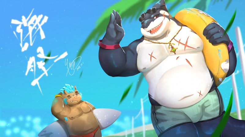 anthro armpit_hair belly body_hair brown_body brown_fur bulge clothing duo eyewear fur humanoid_hands jewelry male mohawk moobs navel necklace nipples overweight overweight_male scar speedo sunglasses surfboard swimwear tusks vehicle watercraft jmeo1230 lifewonders tokyo_afterschool_summoners ganglie_(tas) typhon_(tas) fish mammal marine shark suid suine sus_(pig) wild_boar 2018 absurd_res hi_res