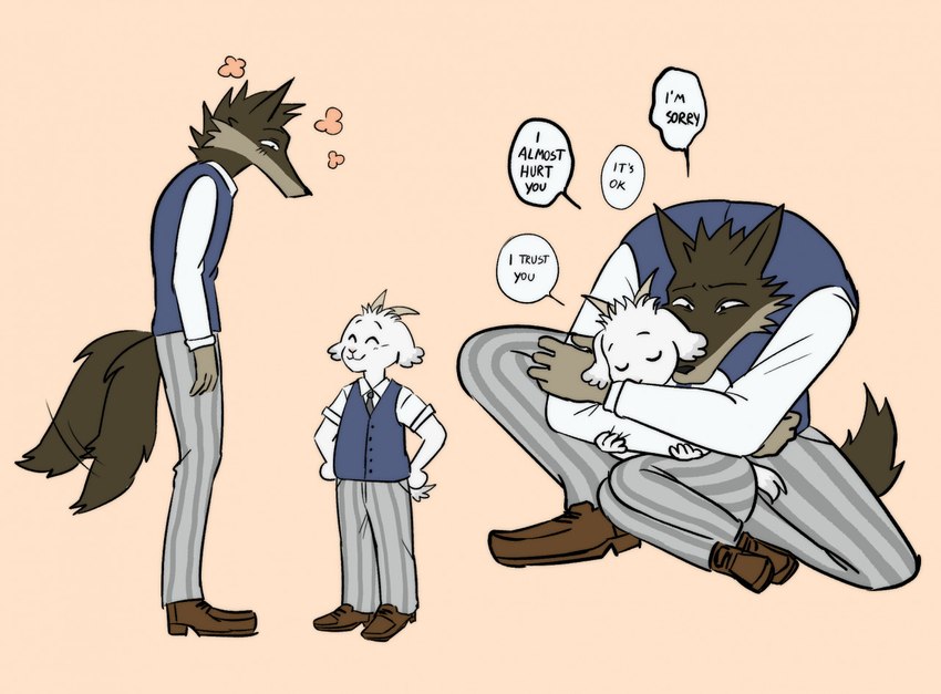 anthro duo hug male male/male simple_background size_difference speech_bubble tail tail_motion tailwag text okadu beastars one_stormy_night gabu mei_(one_stormy_night) bovid canid canine canis caprine goat mammal wolf english_text