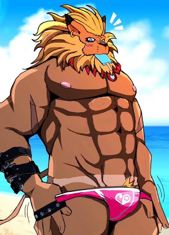 abs anthro beach biceps big_muscles biped blue_eyes blush bulge clothed clothing clothing_pull dessert detailed_background ear_piercing food fur ice_cream looking_at_viewer male mane muscular muscular_anthro muscular_male nipples outside pecs piercing pink_clothing pink_speedo pink_swimwear popsicle pubes sand seaside simple_background skimpy sky solo speedo standing straps suntan swimwear swimwear_pull tan_line topless undressing water bearlovestiger13 bandai_namco digimon digimon_(species) felid leomon mammal hi_res